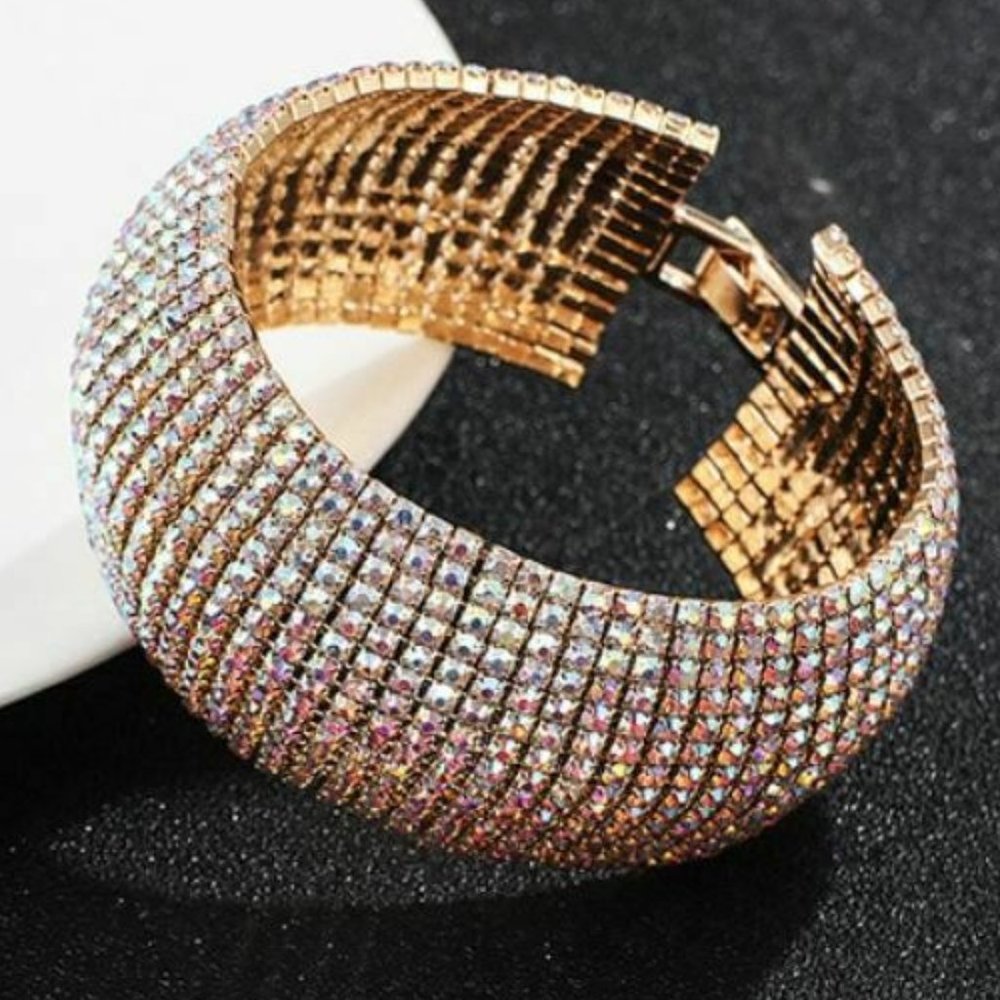 Crystal Aurora Borealis 15 Row Luxury Gold Bangle Bracelet